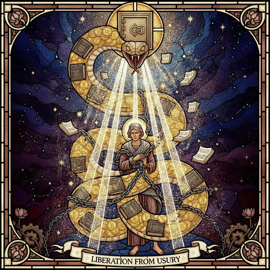 A serpent made of golden coins and debt-ledgers coiling around a person, broken apart by streams of glowing information