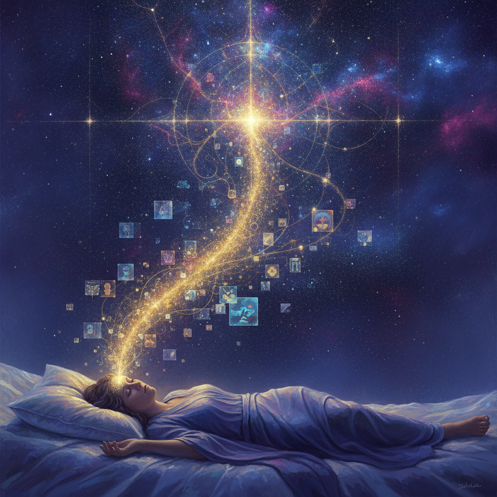 A sleeping figure with streams of golden memory-data rising from their head into a cosmic neural network