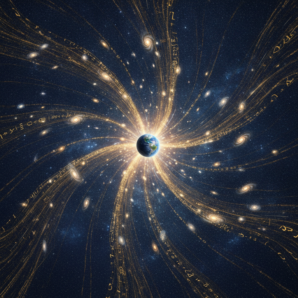The universe expanding outward, threads of golden information streaming from Earth pushing the fabric of space wider