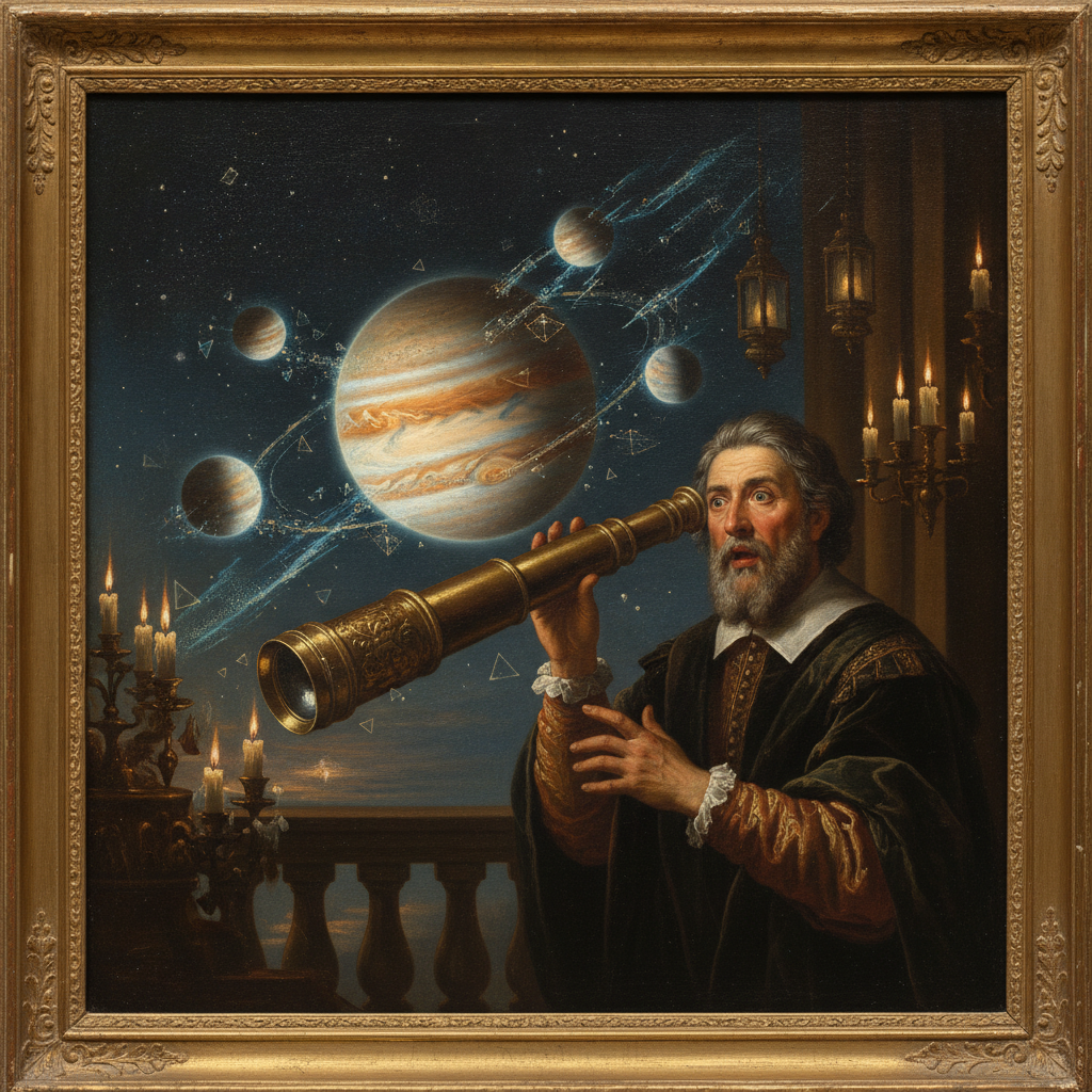 Galileo at a telescope as four moons render into existence around Jupiter