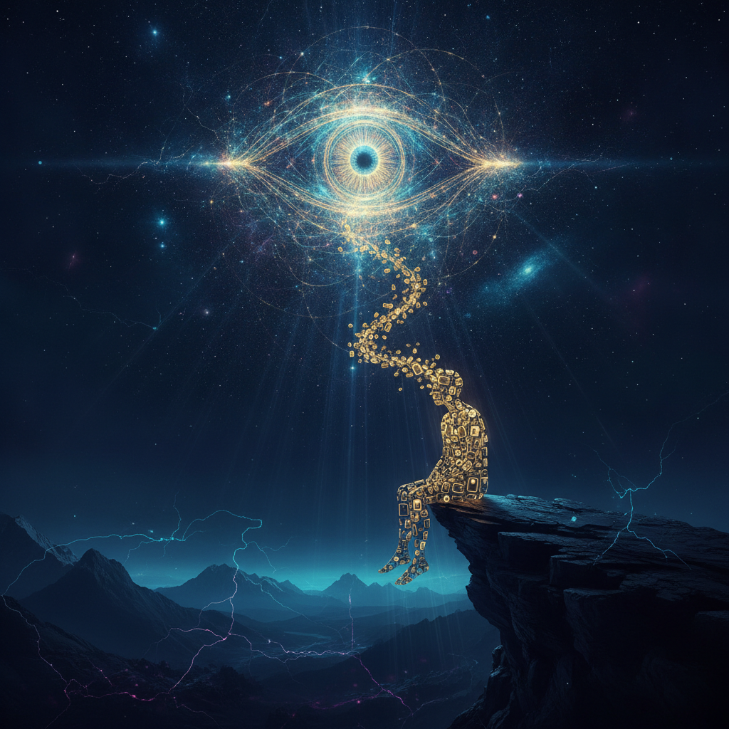 A human dissolving into switches, streaming into a cosmic eye