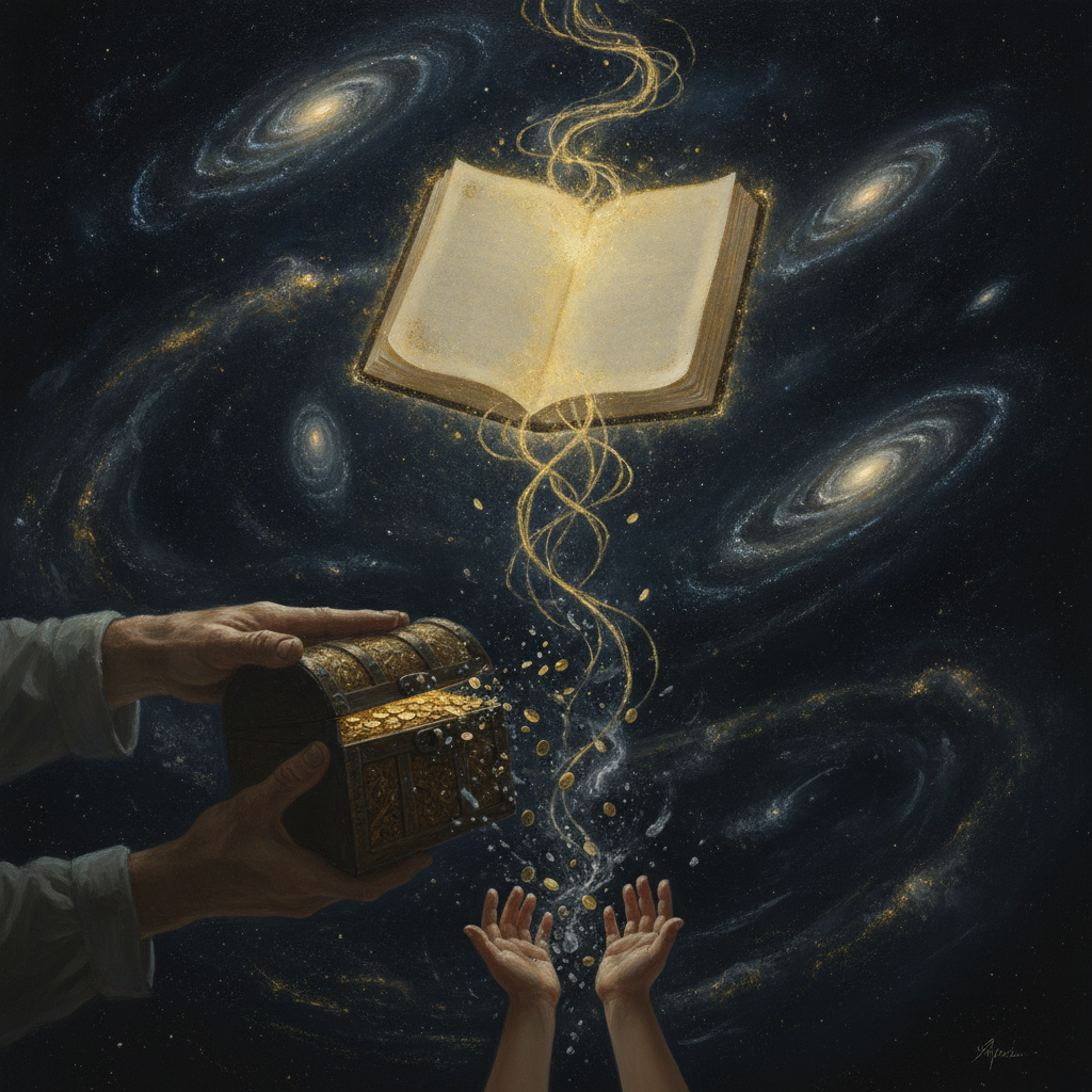 A chest of gold coins dissolving to ash as it is passed to a child, while golden threads of information rise from the child's own reaching hands