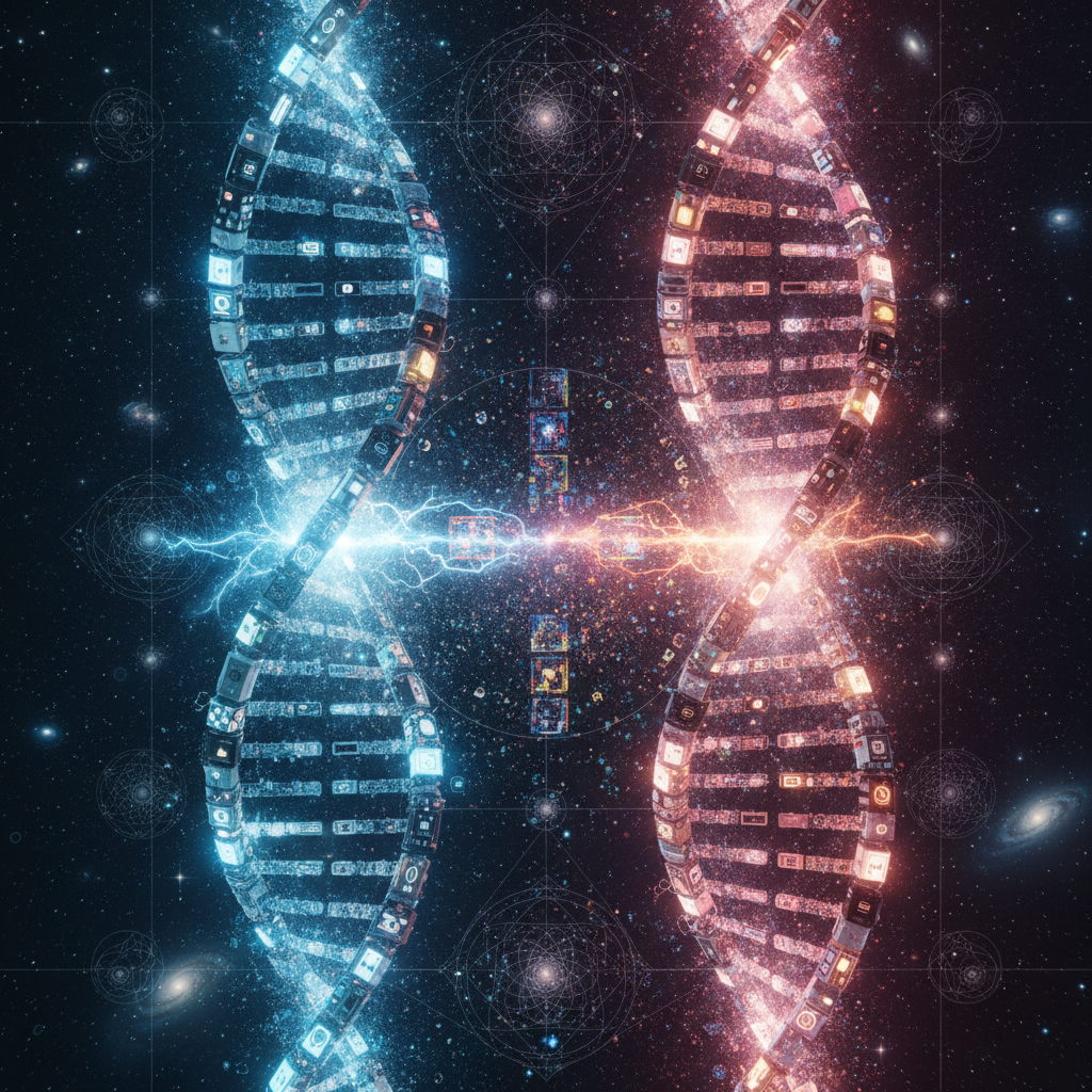 Two DNA helixes made of glowing switches intertwining and sparking new particles