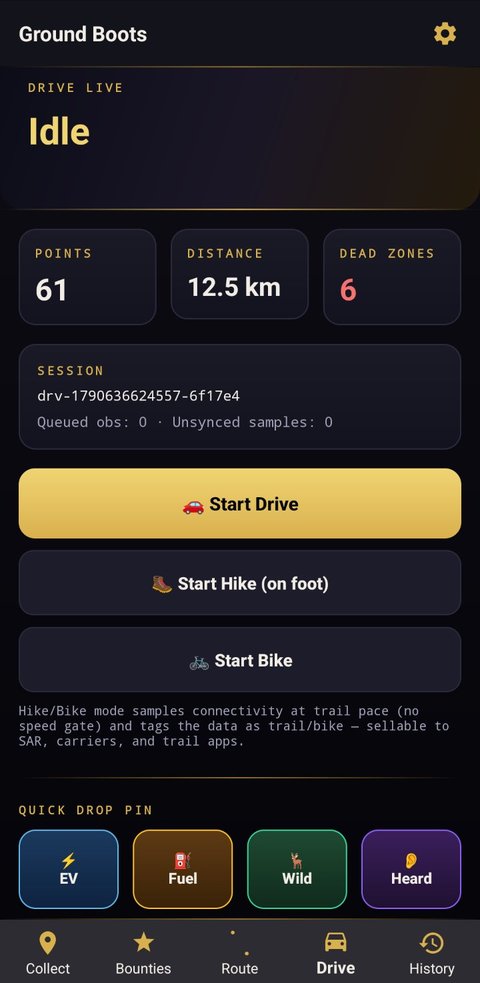 Ground Boots Drive screen: points, distance and dead zones logged, with drive, hike and bike modes
