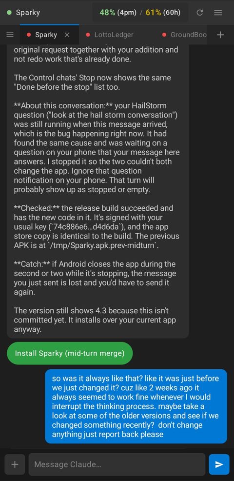 Sparky chat with an Install button for a freshly built APK