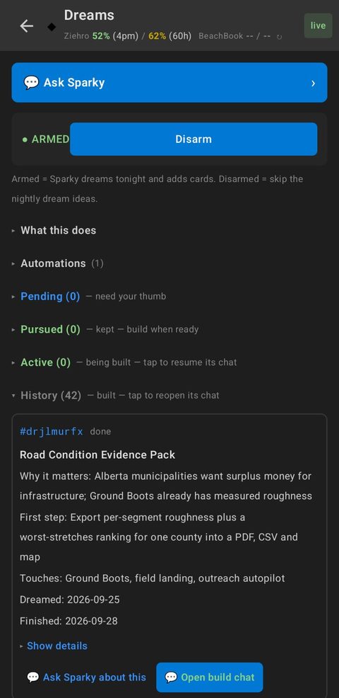 Sparky Dreams: nightly project ideas, tracked from idea to build